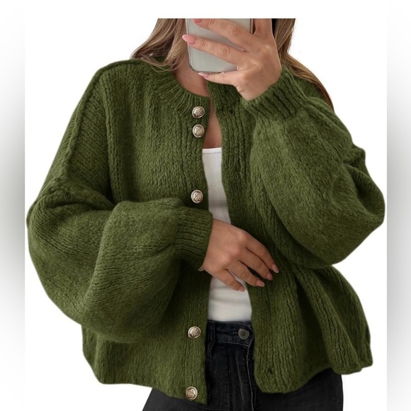 None Sweaters - 🆕Button Up Long Lantern Sleeve Chunky Knit Casual Soft Sweater